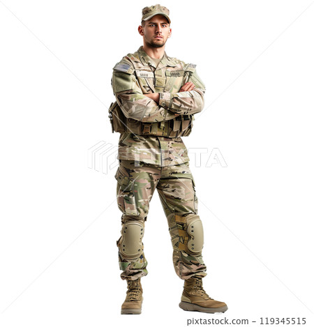 Sternlooking man in military camouflage attire stands with arms crossed on a transparent background 119345515