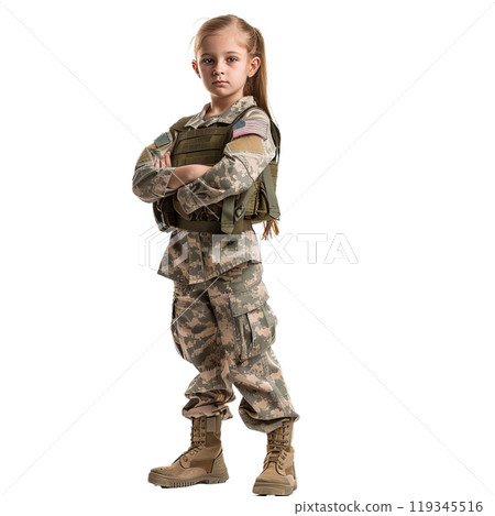 Young kid stands confidently in military fatigues and vest against an isolated background 119345516