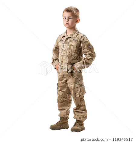 Confident child posing in a camouflage military uniform on a transparent background 119345517