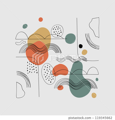 Geometric abstraction with flowers. Abstract illustration with lines and round elements, complemented by soft colors. 119345662