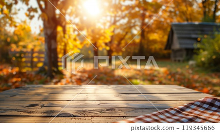Empty wooden table with red tablecloth at the autumn nature. Trees with yellow leaves and village house at the background, Generative AI Empty wooden table with red tablecloth at the autumn nature. Trees with yellow leaves and village house at the background, Generative AI 119345666