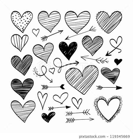 Hand Drawn Hearts and Arrows. A set of simple hearts and arrows hand drawn in black and white style. 119345669