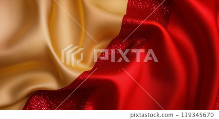 Gold and red silk folds with glitter. Christmas background. Generative AI 119345670