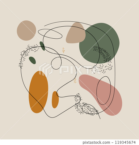 Abstract design with lines and natural shapes. An artistic abstract pattern that combines smooth lines and shapes, creating a feeling of naturalness and organicity. 119345674