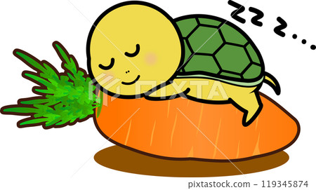 一隻可愛的烏龜睡在胡蘿蔔上的人物插圖 一隻可愛的烏龜睡在胡蘿蔔上的人物插圖 119345874