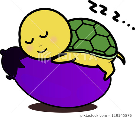 一隻可愛的烏龜睡在茄子上的人物插圖 一隻可愛的烏龜睡在茄子上的人物插圖 119345876