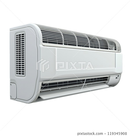 Sleek split air conditioning unit isolated against a grey background, emphasizing its design and features Sleek split air conditioning unit isolated against a grey background, emphasizing its design and features 119345908