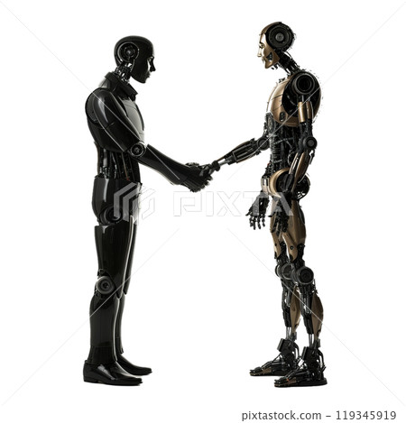Two humanoid robots engage in a handshake, symbolizing ai collaboration 119345919