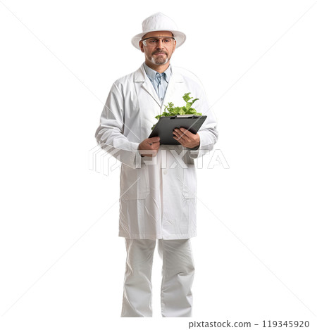 Professional botanist examines a plant specimen, isolated on a transparent background for versatility Professional botanist examines a plant specimen, isolated on a transparent background for versatility 119345920
