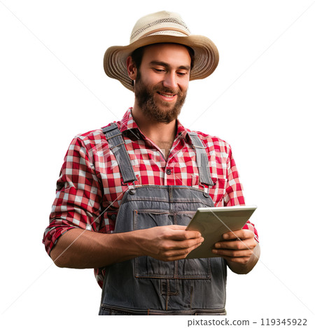 Happy young farmer in a hat and overalls jotting down notes in a small notebook 119345922
