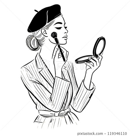 Line drawing illustration of a woman putting on makeup Line drawing illustration of a woman putting on makeup 119346110