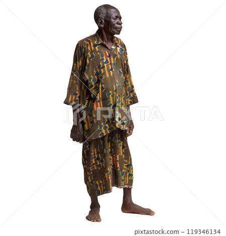 Fulllength portrait of a senior african man dressed in colorful traditional clothes standing isolated on a transparent background 119346134
