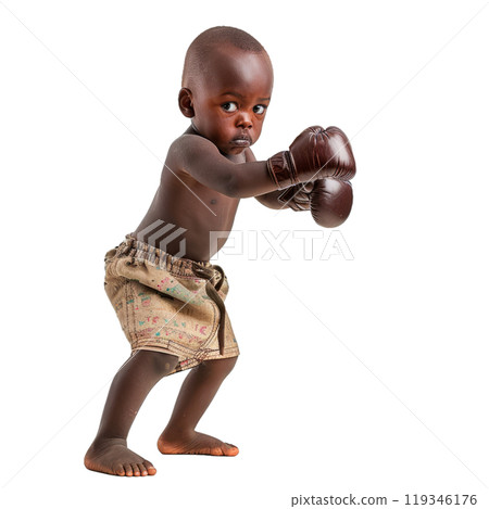 Adorable young child with boxing gloves posing in a fighting stance on a transparent background 119346176