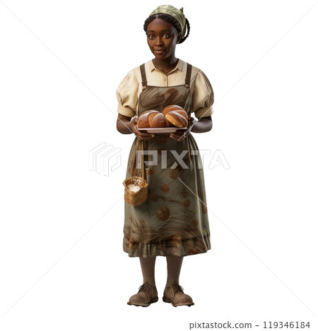 Woman in cultural attire presents homemade bread with pride 119346184