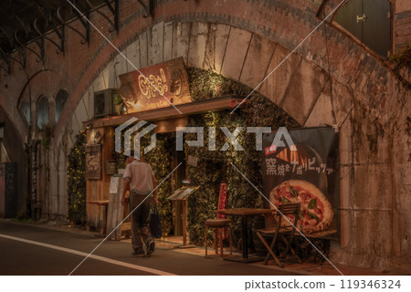 A view of Tokyo at night under a railway overpass. Photographing restaurant food, office workers returning home from work, and other people's backs. A view of Tokyo at night under a railway overpass. Photographing restaurant food, office workers returning home from work, and other people's backs. 119346324