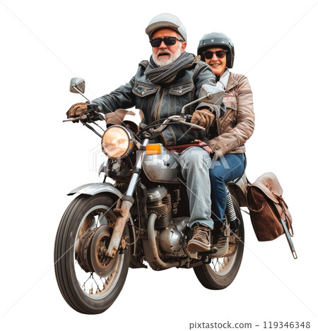 Cheerful elderly couple enjoying a bike ride together on a vintage motorcycle, isolated on a transparent background 119346348