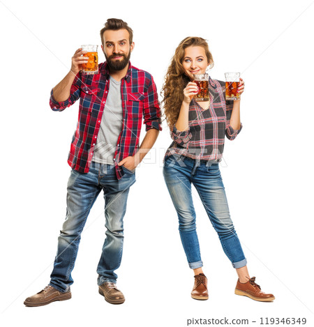 Young man and woman in casual attire smiling and toasting with beer mugs on transparent background 119346349