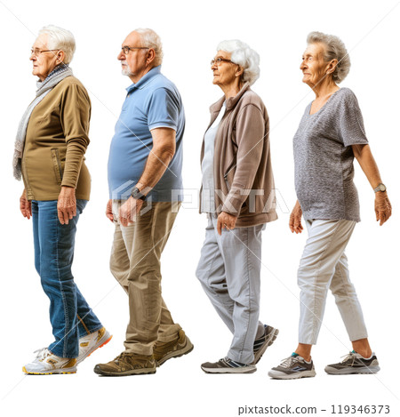 Fulllength portrait of elderly men and women walking in profile view, isolated on a grey background 119346373