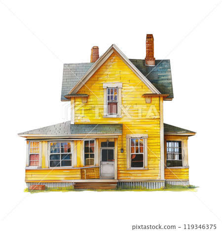 Isolated handdrawn illustration of a classic yellow wooden house with transparent checkered background 119346375