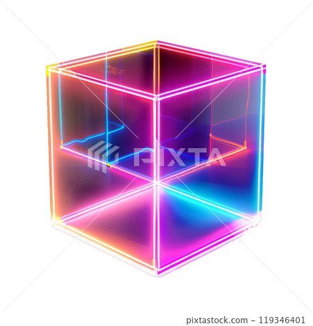 Vibrant neon cube with glowing edges on a checkered transparent background 119346401