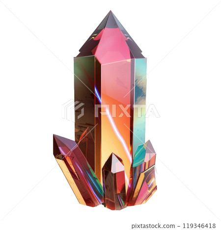 Vibrant, digitally rendered cluster of crystals with iridescent colors, isolated on a transparent background Vibrant, digitally rendered cluster of crystals with iridescent colors, isolated on a transparent background 119346418