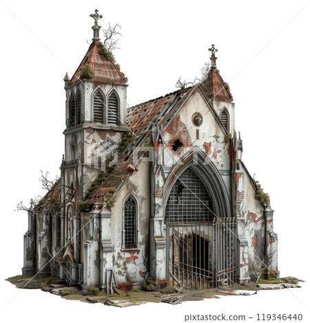 Isolated image of a dilapidated church covered in plants, depicting decay and abandonment 119346440