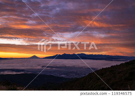 【長野縣】黎明時分的富士山和雲海，秋天的高博奇高原 119346575
