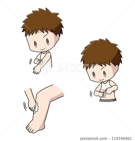 Three illustrations of a boy applying medicine to his body 119346862