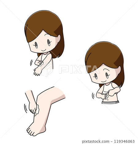 Three illustrations of a woman applying medicine to her body 119346863