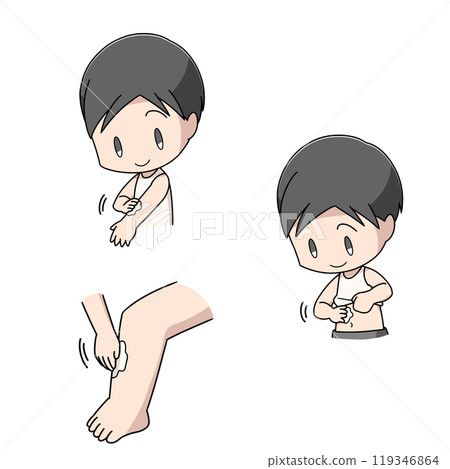 Three illustrations of a man applying medicine to his body 119346864