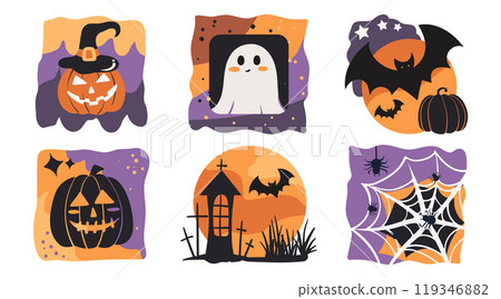 Set of isolated cute Halloween decoration elements for sticker, badge, tag or label on a transparent background, Volume 14: Black, purple and orange color tones. 119346882