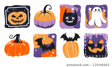 Set of isolated cute Halloween decoration elements for sticker, badge, tag or label on a transparent background, Volume 13: Black, purple and orange color tones. 119346883