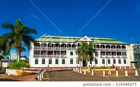 Traditional architecture of the historic center of Paramaribo, UNESCO world heritage in Suriname, South America 119346973