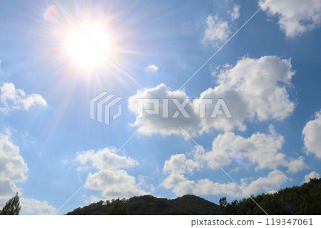 Bright autumn sky and white clouds, a peaceful scene 119347061