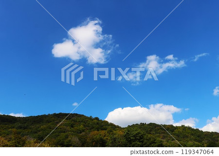 Bright autumn sky and white clouds, a peaceful scene 119347064