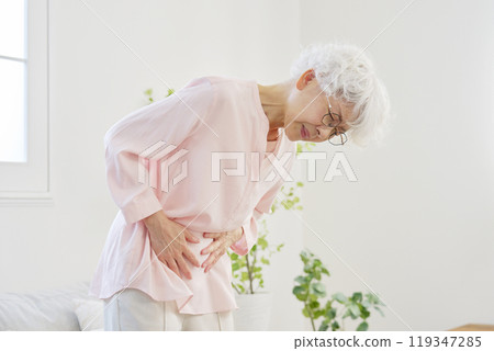 Senior woman with stomachache in living room Senior woman with stomachache in living room 119347285