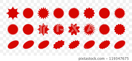 Starburst price. Sale symbol. Simple red icons for promotion design. Set of Vector illustrations on transparent background Starburst price. Sale symbol. Simple red icons for promotion design. Set of Vector illustrations on transparent background 119347675