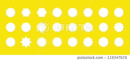 Set of white starburst price. Sunburst badges. Star sticker vector on yellow background. Simple labels in flat style Set of white starburst price. Sunburst badges. Star sticker vector on yellow background. Simple labels in flat style 119347678