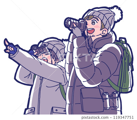 Illustration of a parent and child birdwatching Illustration of a parent and child birdwatching 119347751