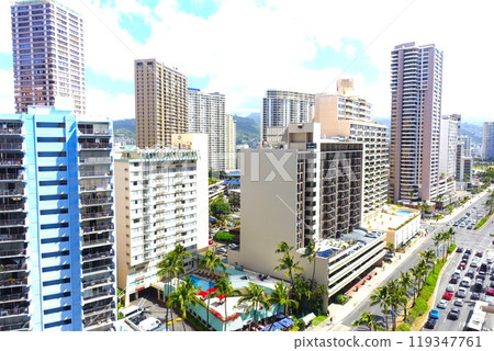 View of the Waikiki cityscape in Hawaii from a high floor 119347761