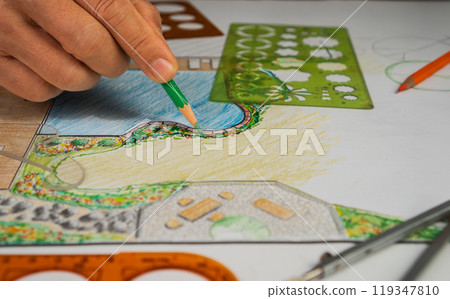 Garden design courses student is learning fundamentals garden design and planning. 119347810