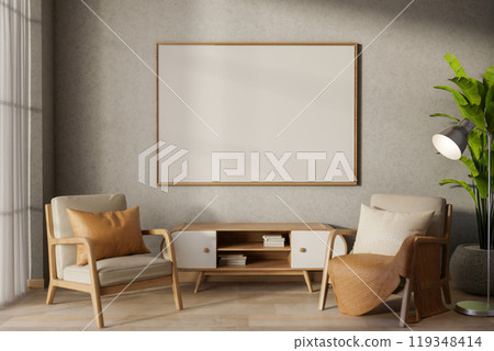 A contemporary living room features armchairs and a cabinet, with a large picture frame on the wall. 119348414