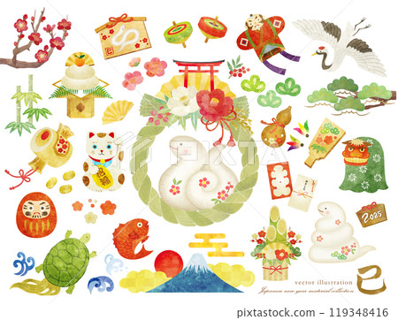 可愛的水彩風格蛇年新年賀卡插畫素材集 119348416