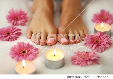 close-up of a woman's feet with a perfect pedicure, surrounded by flower petals and lit candles, close-up of a woman's feet with a perfect pedicure, surrounded by flower petals and lit candles, 119348562