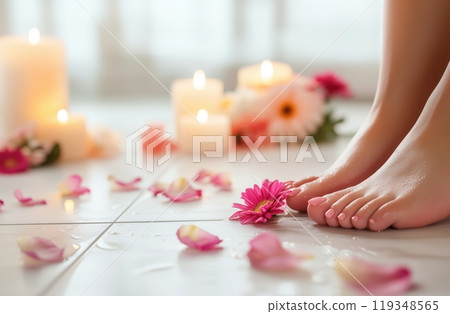 close-up of a woman's feet with a perfect pedicure, surrounded by flower petals and lit candles, close-up of a woman's feet with a perfect pedicure, surrounded by flower petals and lit candles, 119348565