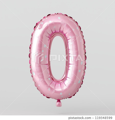 A pink balloon shaped like the number zero with white polka dots. It is isolated on a white background. 119348599
