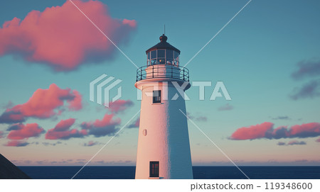 white lighthouse illuminated at dusk, standing against a colorful sunset sky with shades 119348600