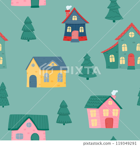 Seamless pattern of colorful houses and fir trees. Vector illustration in the flat style. 119349291