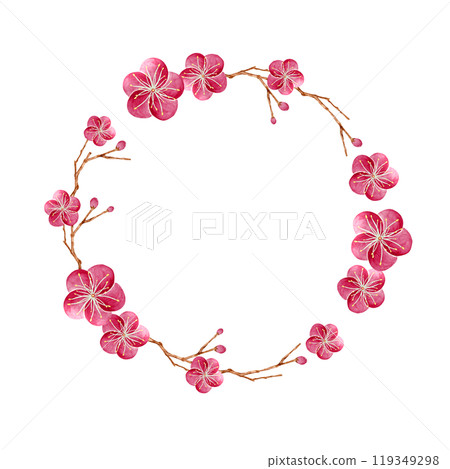 Red plum flower frame wreath watercolor illustration 119349298