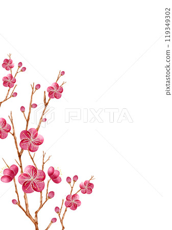 Red plum flower background frame vertical watercolor illustration 119349302